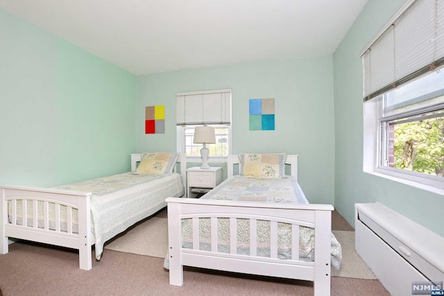 bedroom featuring light carpet