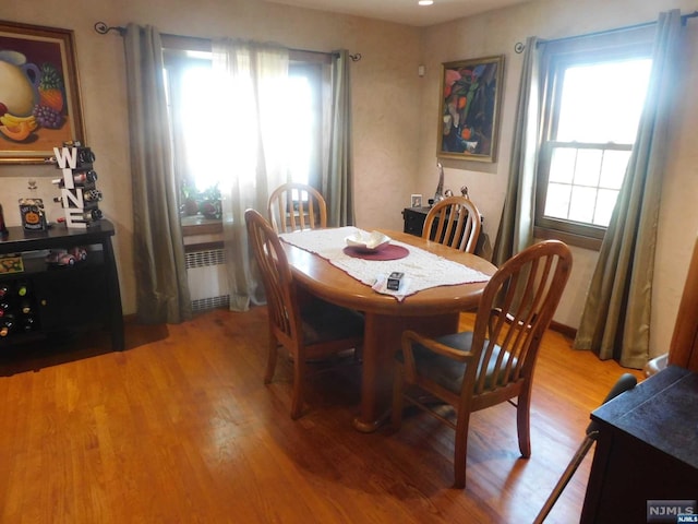 dining area featuring plenty of natural light, light wood-type flooring, and radiator