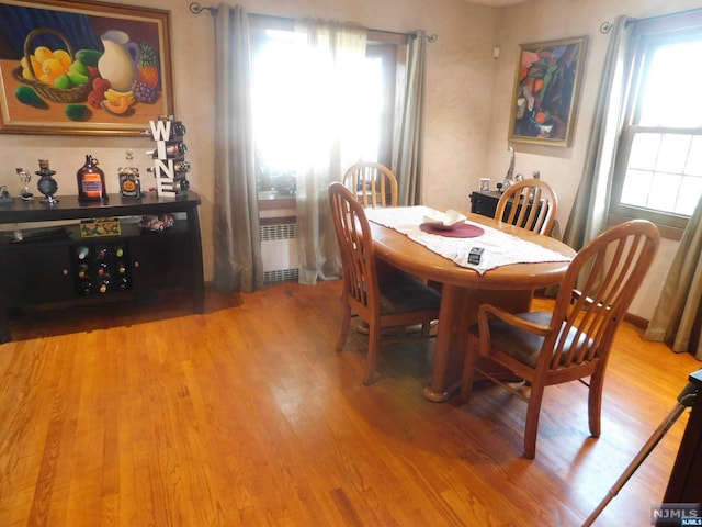 dining area featuring hardwood / wood-style flooring and radiator