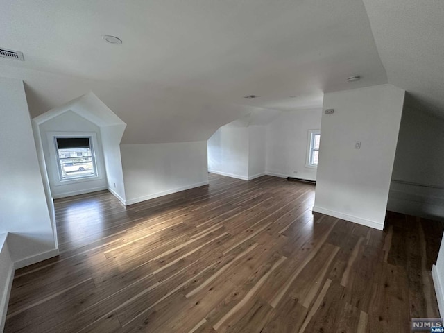 additional living space featuring vaulted ceiling and dark wood-type flooring