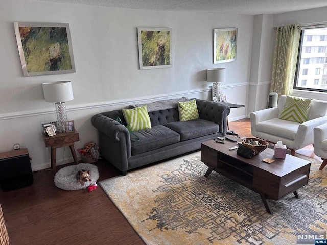 living room with hardwood / wood-style floors and a textured ceiling