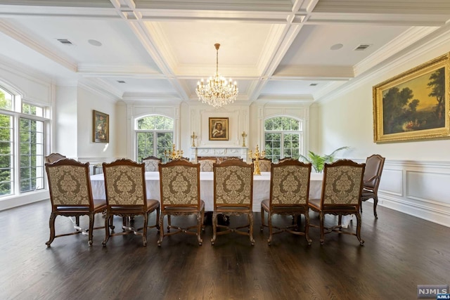 dining space featuring dark hardwood / wood-style floors, a healthy amount of sunlight, and coffered ceiling