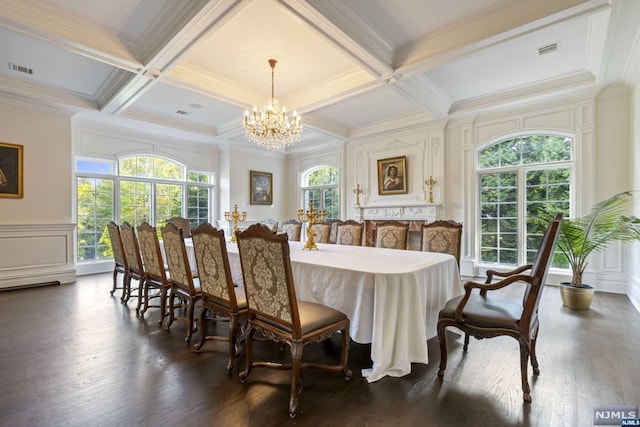 dining room featuring beam ceiling, dark wood-type flooring, coffered ceiling, an inviting chandelier, and ornamental molding