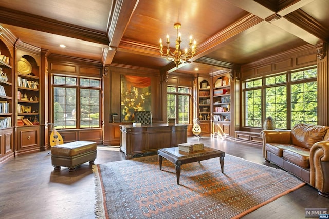 living area with ornamental molding, coffered ceiling, built in shelves, dark wood-type flooring, and beamed ceiling