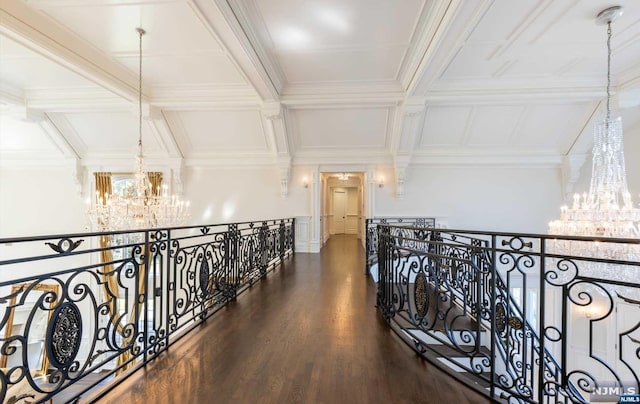 hall with beamed ceiling, a notable chandelier, dark hardwood / wood-style floors, and ornamental molding