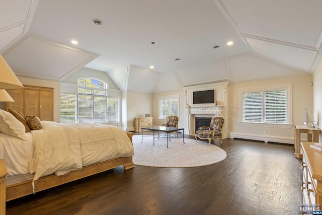 bedroom with dark hardwood / wood-style floors, lofted ceiling, and a baseboard heating unit