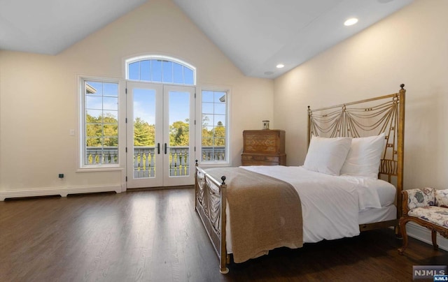 bedroom featuring access to outside, french doors, high vaulted ceiling, and dark wood-type flooring