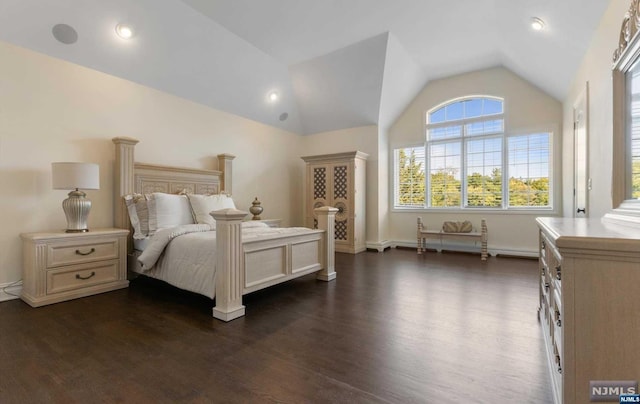 bedroom featuring dark wood-type flooring and vaulted ceiling