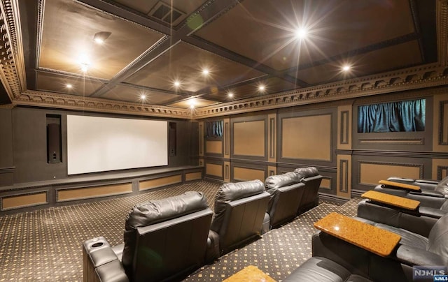 carpeted cinema room with coffered ceiling