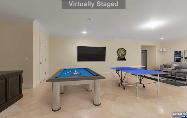 rec room with ornamental molding and pool table