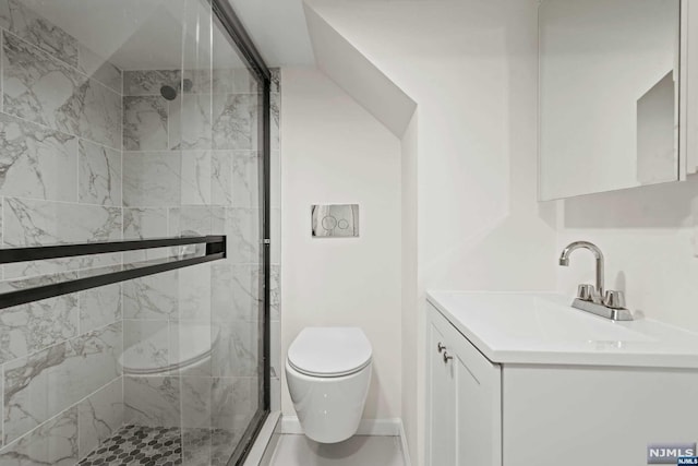 bathroom with an enclosed shower, vanity, and toilet