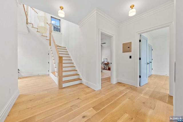 interior space with hardwood / wood-style floors, crown molding, and electric panel