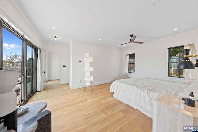 bedroom featuring access to exterior, ceiling fan, light hardwood / wood-style flooring, and crown molding