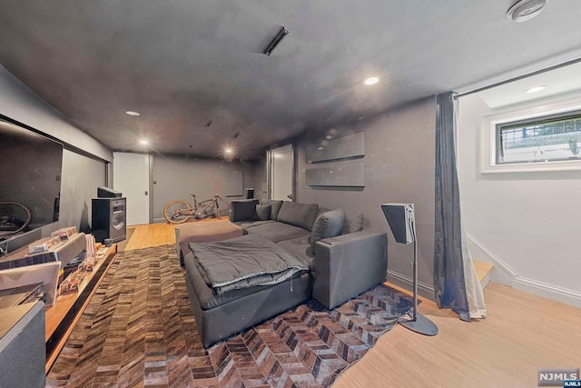 living room with a wood stove and wood-type flooring