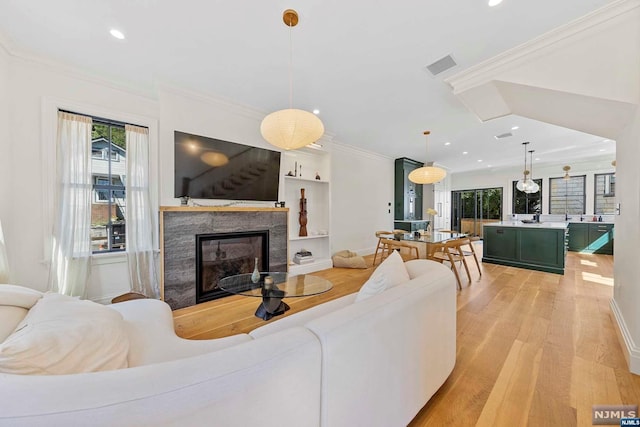 living room with a fireplace, light hardwood / wood-style floors, and ornamental molding