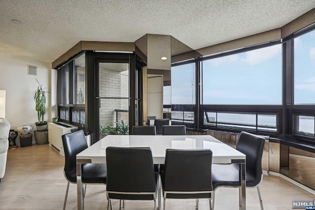 dining area with light wood-type flooring and a textured ceiling