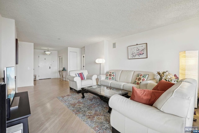 living room with a textured ceiling and hardwood / wood-style flooring