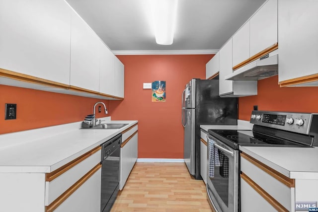 kitchen with sink, black dishwasher, crown molding, stainless steel electric range, and white cabinets