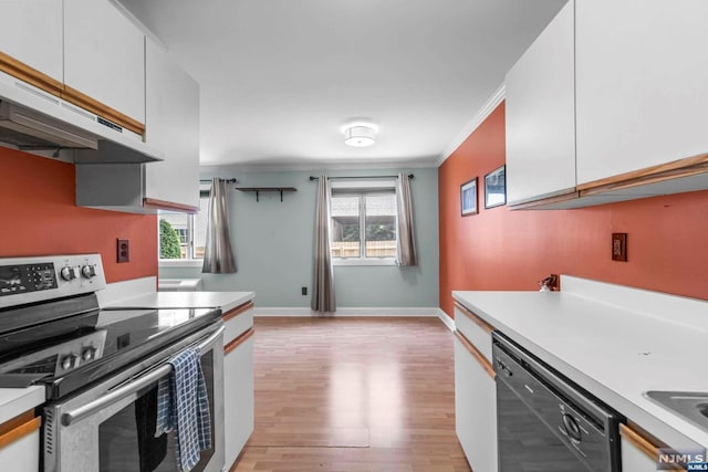 kitchen featuring dishwasher, white cabinetry, stainless steel electric range oven, and ornamental molding