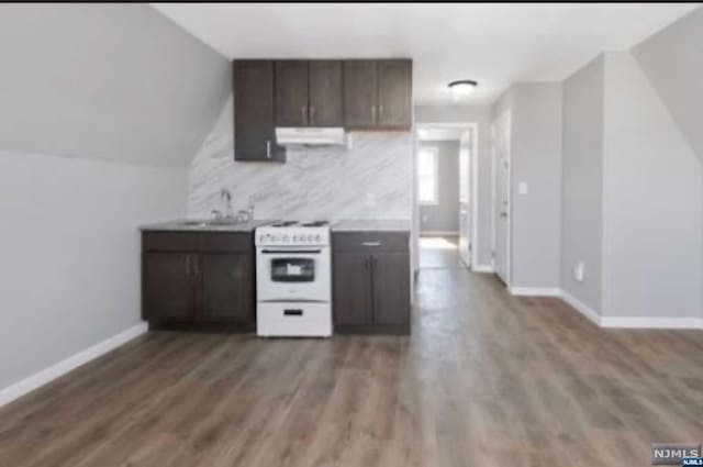 kitchen featuring dark hardwood / wood-style flooring, dark brown cabinets, sink, and white range