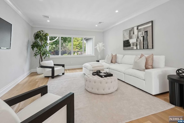 living room featuring crown molding and hardwood / wood-style floors