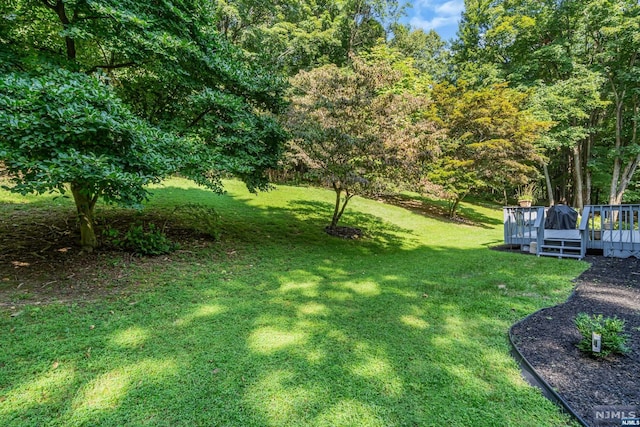 view of yard featuring a wooden deck