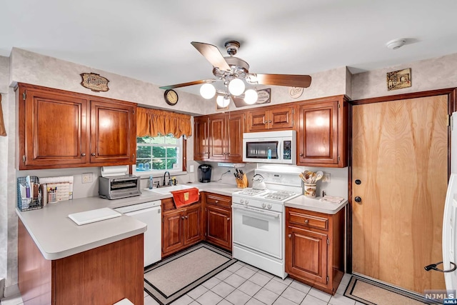 kitchen featuring ceiling fan, sink, kitchen peninsula, white appliances, and light tile patterned floors