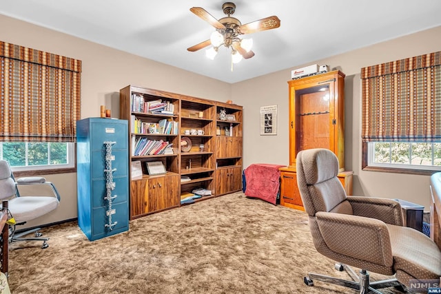 carpeted office featuring ceiling fan and a wealth of natural light