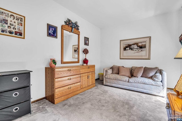 sitting room featuring light carpet