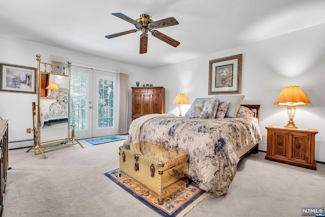 bedroom featuring ceiling fan, french doors, a baseboard heating unit, light colored carpet, and access to outside