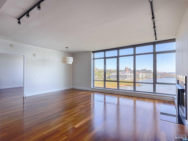 empty room with dark hardwood / wood-style flooring and rail lighting