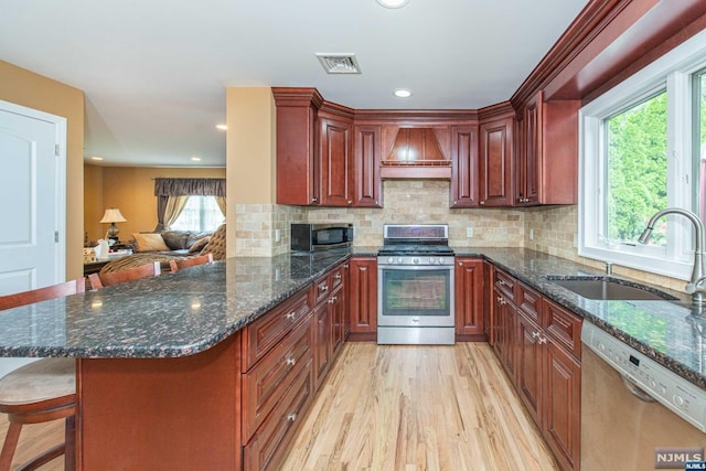 kitchen with stainless steel appliances, custom exhaust hood, a healthy amount of sunlight, and sink