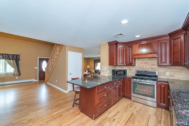 kitchen featuring custom exhaust hood, a baseboard heating unit, light wood-type flooring, kitchen peninsula, and stainless steel appliances