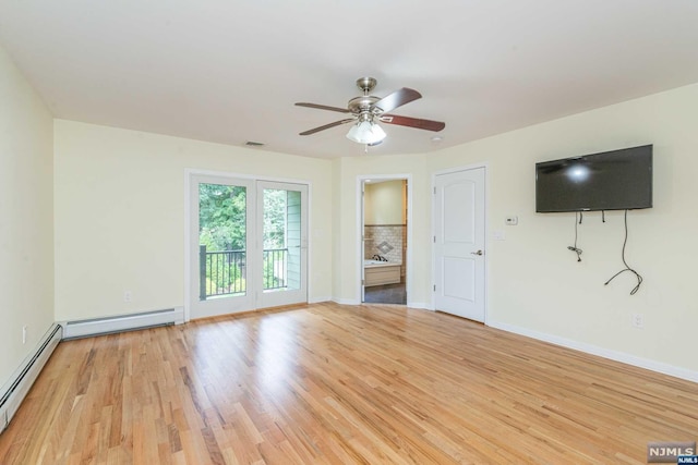 unfurnished living room with light hardwood / wood-style floors, a baseboard radiator, and ceiling fan