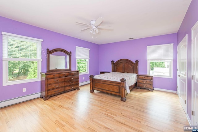 bedroom featuring ceiling fan, light wood-type flooring, and multiple windows