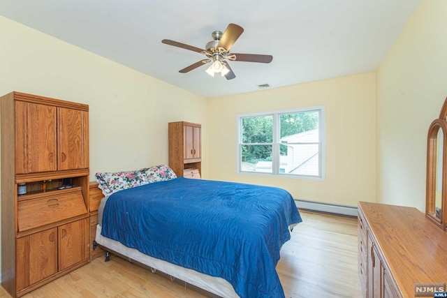 bedroom featuring ceiling fan, light hardwood / wood-style floors, and a baseboard heating unit