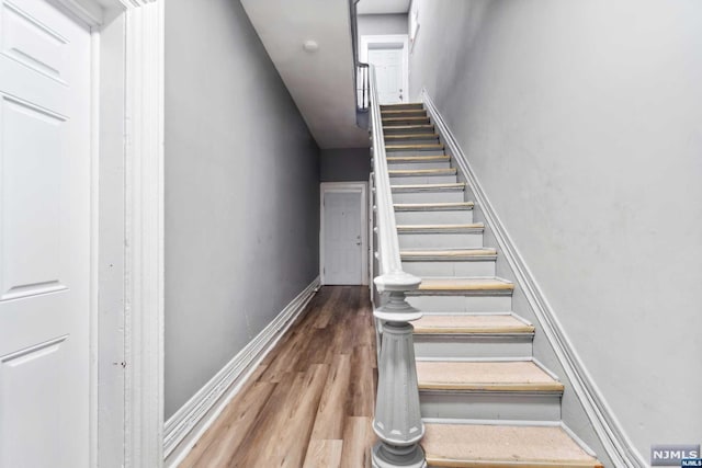 staircase with hardwood / wood-style flooring