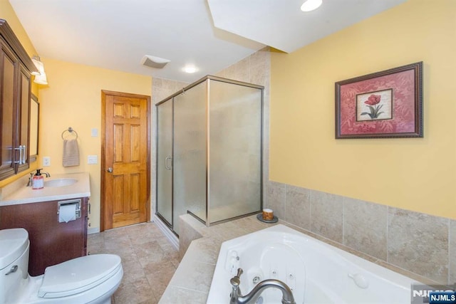 full bathroom with recessed lighting, toilet, a shower stall, vanity, and a tub with jets