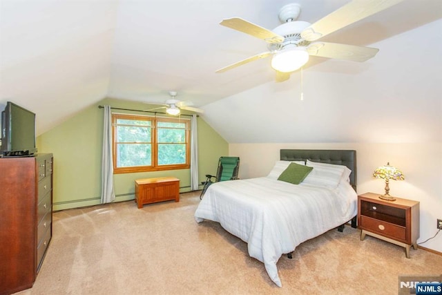 bedroom with light carpet, a ceiling fan, and lofted ceiling