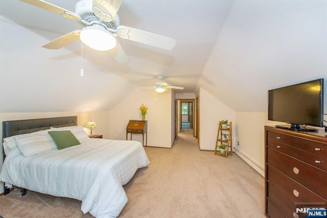 bedroom featuring baseboards, a ceiling fan, light colored carpet, lofted ceiling, and a baseboard radiator