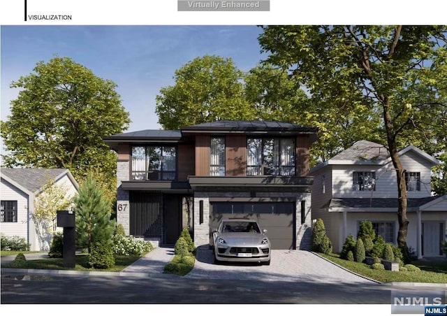 view of front of property featuring a garage and a balcony