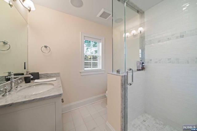 bathroom with tile patterned floors, vanity, toilet, and an enclosed shower