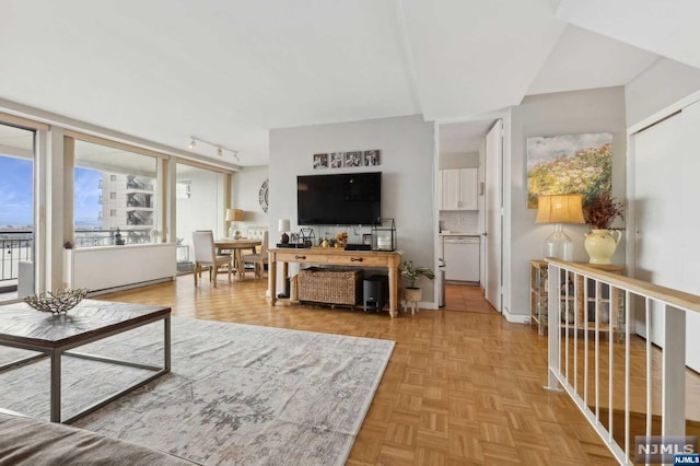 living room featuring track lighting and light parquet flooring