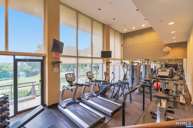 workout area featuring a towering ceiling and floor to ceiling windows