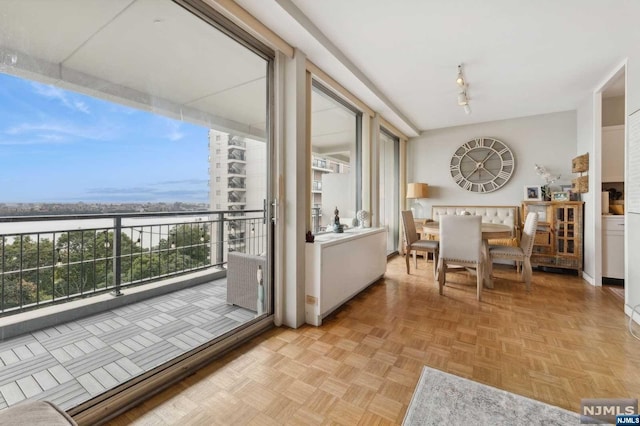 dining space featuring light parquet flooring