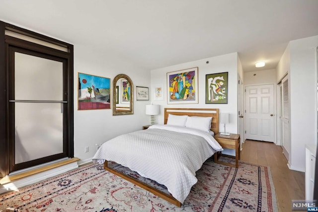 bedroom featuring wood-type flooring and a closet