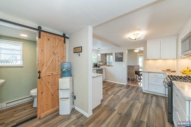 kitchen featuring white cabinets, dark hardwood / wood-style floors, a barn door, and appliances with stainless steel finishes