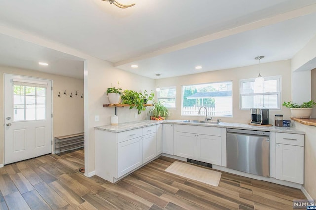 kitchen featuring sink, white cabinets, stainless steel dishwasher, and wood-type flooring