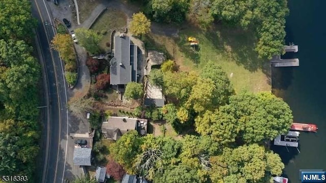 aerial view featuring a water view