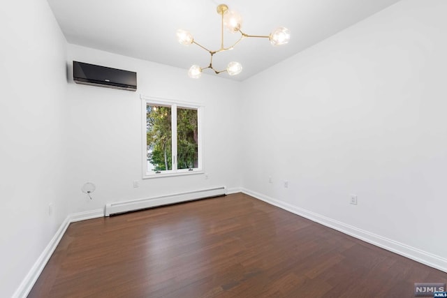 unfurnished room featuring an AC wall unit, dark wood-type flooring, a baseboard radiator, and a notable chandelier